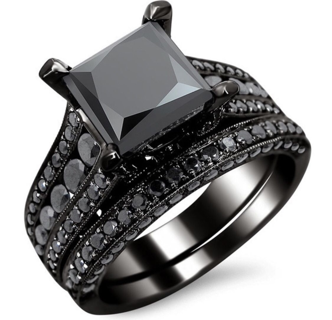 New s925 black gunmetal wedding ring set engagement ring wedding band