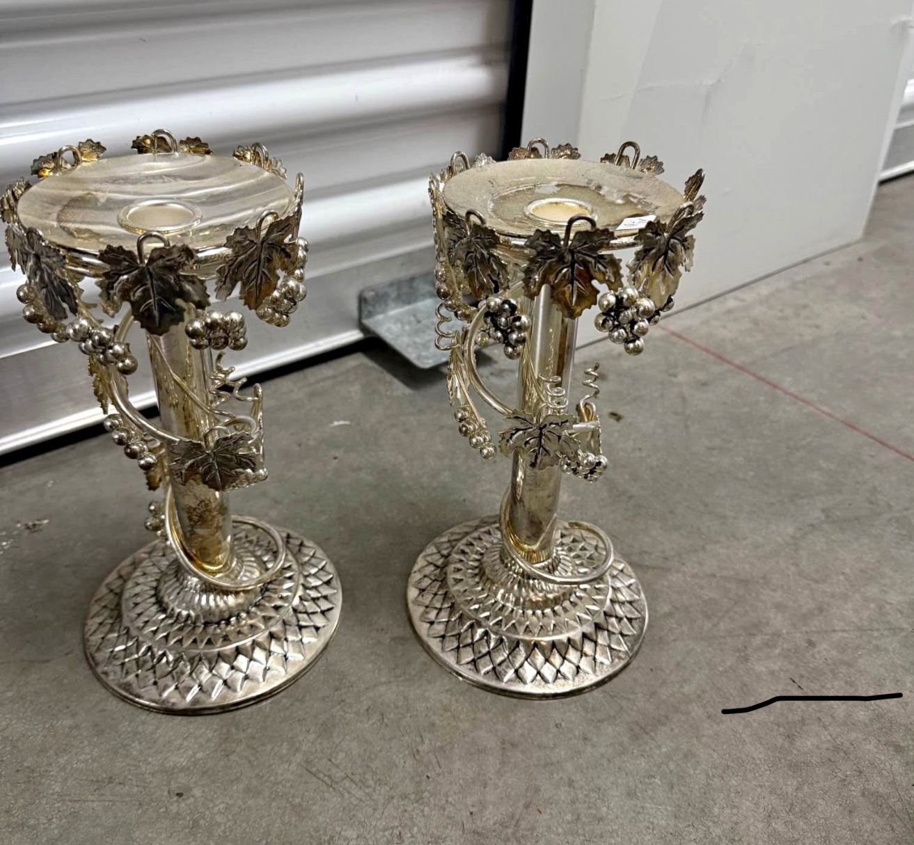 Vintage GRAPES GRAPE CLUSTER Candlestick Holders 2pcs LEAVES metal silver plate