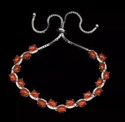 Natural oval Coral Italy 6x4mm CZ 14K white Gold 925 sterling silver bracelet