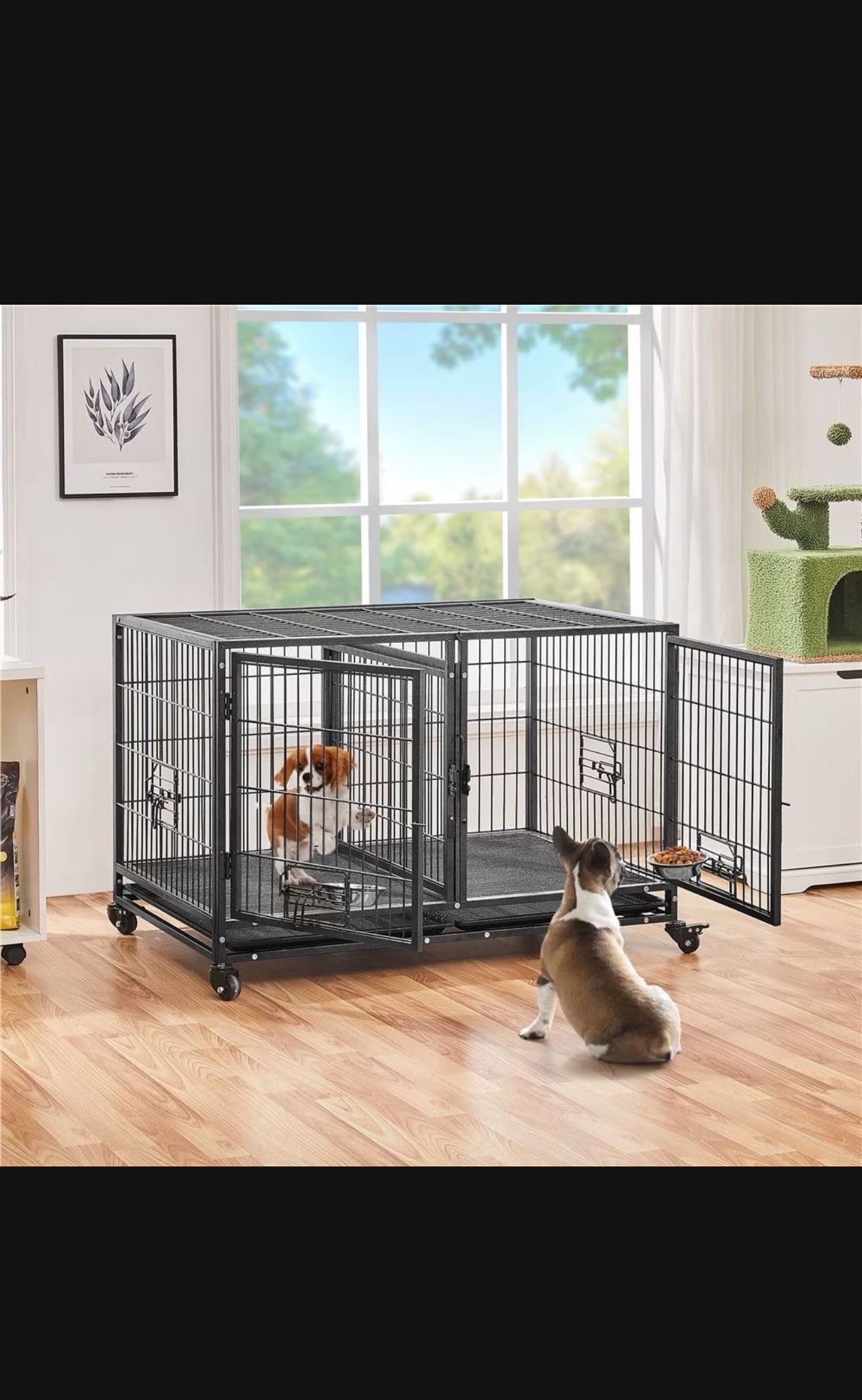 Dog Pet Cage Kenenl Size 43 With Divdier Feeding Bowls Trays And Wheels New In Box 