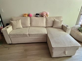 Sectional Sofa beige corduroy L-shaped convertible sleeper