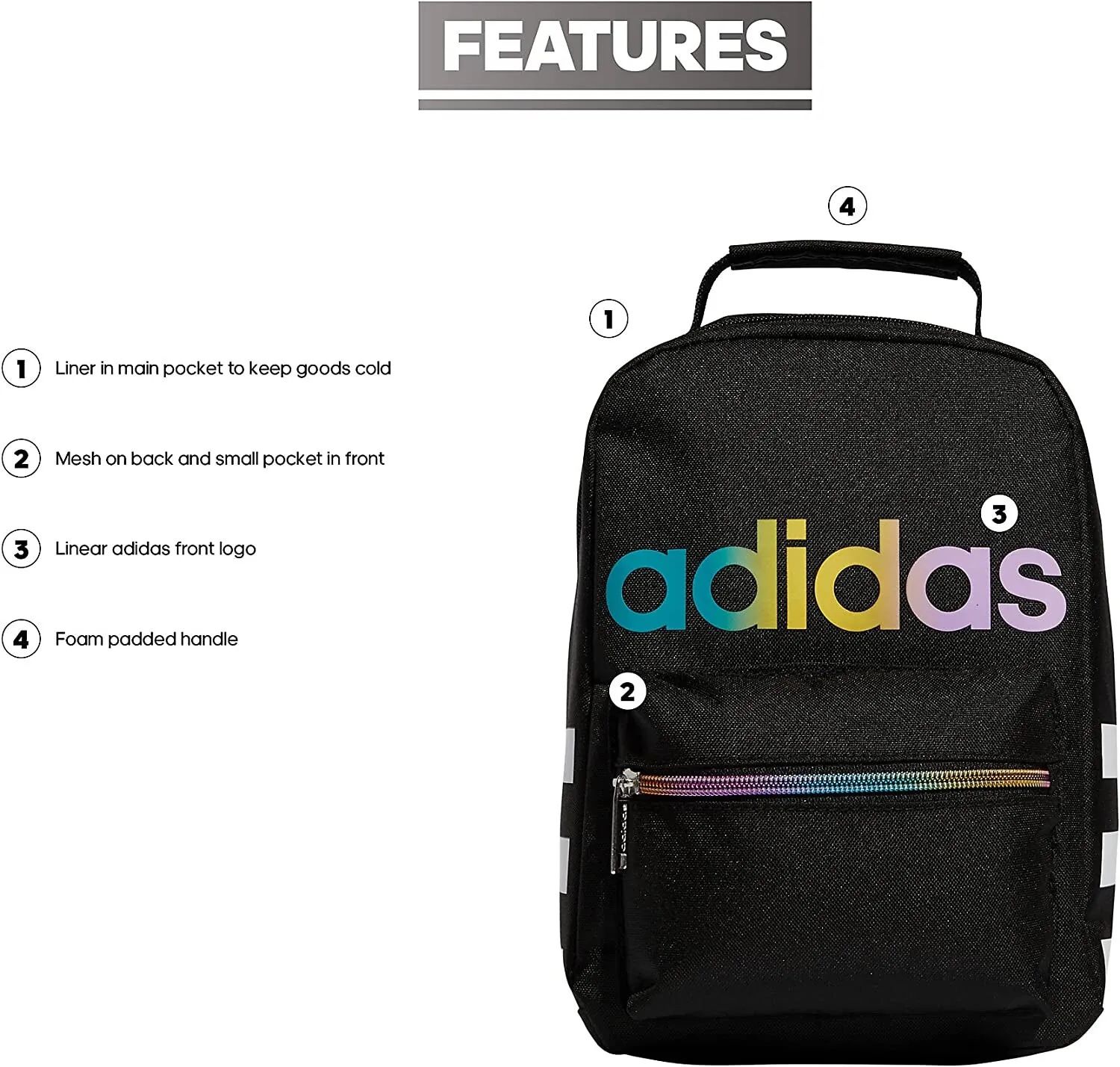 NEW Adidas Unisex Santiago Lunch Bag, Black/Rainbow/White, One Size