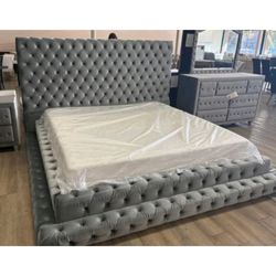 Gray flannelette modern step up platform king bed frame