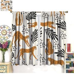 Cute Leopard Blackout Curtains Tropical Jungle Wild Animal Black Abstract Plant Leaves Modern Art Print for Bedroom Living Room Kitchen Rod Pocket Dec