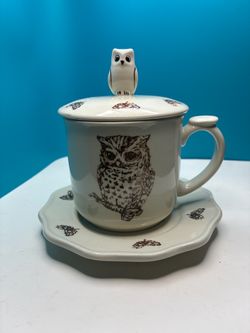 Ceramic Owl Mug with Lid and Saucer