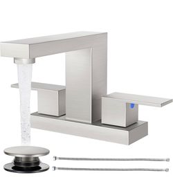Bathroom Faucets for Sink 3 Hole, Brushed Nickel Bathroom Sink Faucet Square 4 Inch Centerset with Pop-Up Drain, 2 Handle and 2 Supply Hoses $42