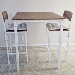Modern Bar Table with 2 Chairs – Wood & White Metal (3 Pieces)
