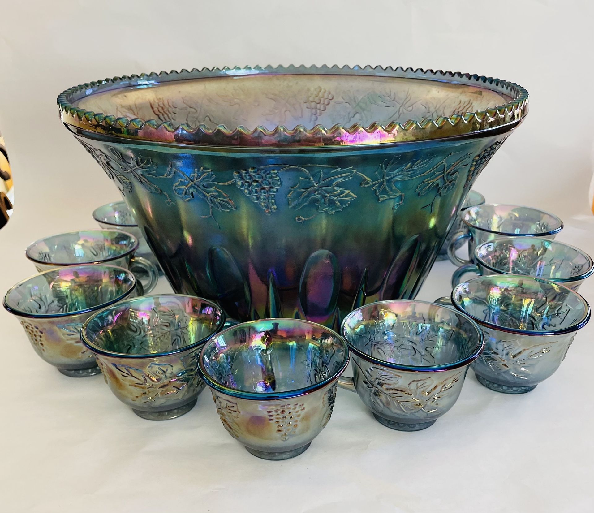 Iridescent Blue Carnival Glass Punch Bowl Princess Set w/ 12 Cups & Hooks