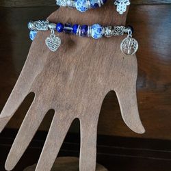 2 Brand New Blue White Silver Beaded Bracelets