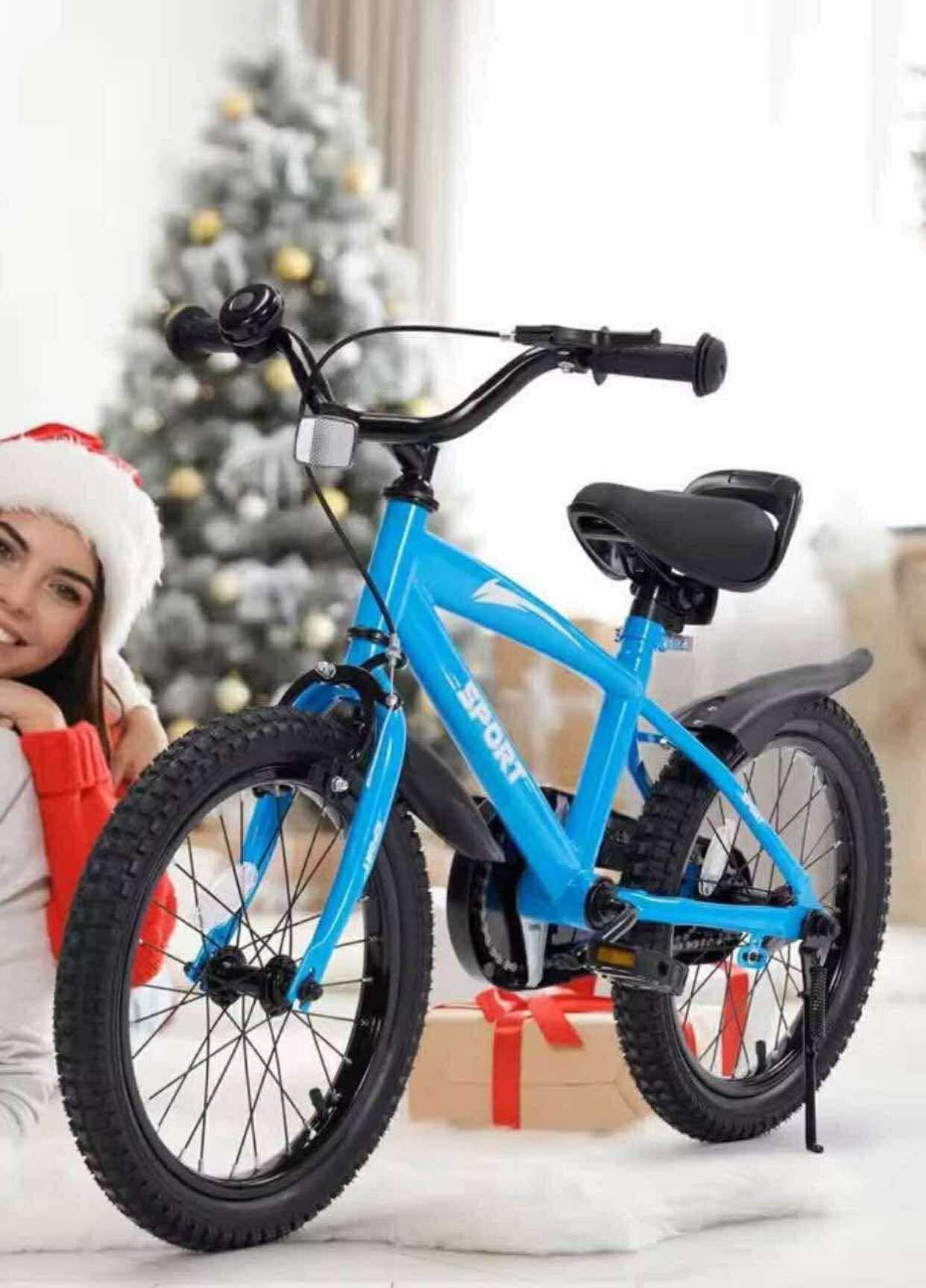 16 Inches Kid Bicycle with Kickstand Training Wheels Sturdy Frame Adjustable Seat Handbrake and Coaster Brake Bell, Blue