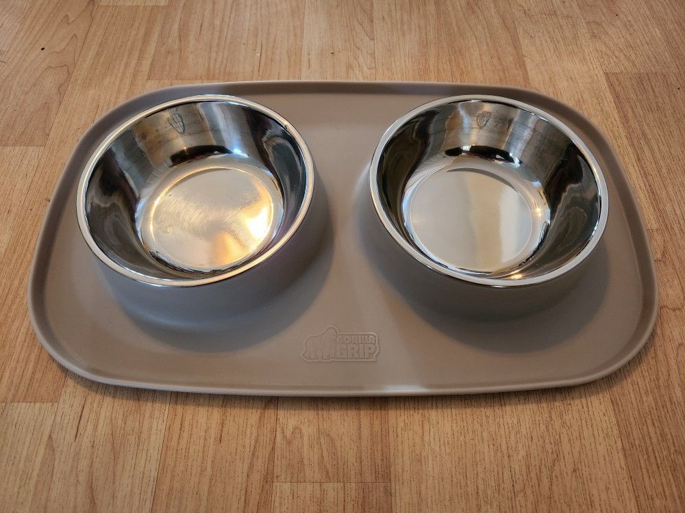 Gorilla Grip Cat or Small Dog Bowls Feeding Mat Set, Stainless Steel, No tipping, no mess