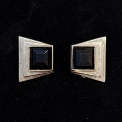 VTG ART DECO DND STERLING SILVER ONYX CLIP ON EARRINGS 24grams