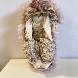 Vintage Susannah Sweetbonnet Bunny Sitter & Wicker Chair Easter Decor