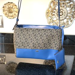 DKNY Gretina Crossbody Shoulder Bag Logo Print Vibrant Blue Accents with Wallet