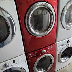 Red LG Front Load Washer And Stackable Gas Dryer Set 