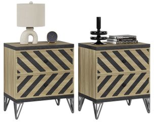 Large Night Stand Set of 2 - Modern Bedside Table Wide Nightstands with 2 Herringbone Decor Drawers, Sturdy Metal Legs, Wood Accent End Table for Bedr