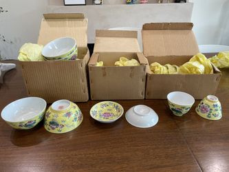 Vintage Ceramic Chinese Yellow Floral Tea And Bowl Set