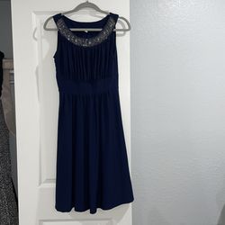 Navy Blue Dress With Embellished Neckline 