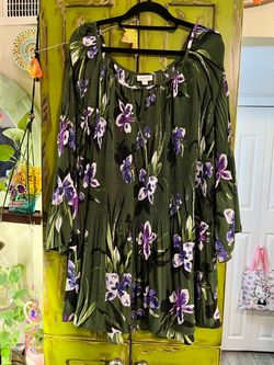 3X Avenue Gorj in Green Lightweight Purple Floral Flowy Boho Tunic Top