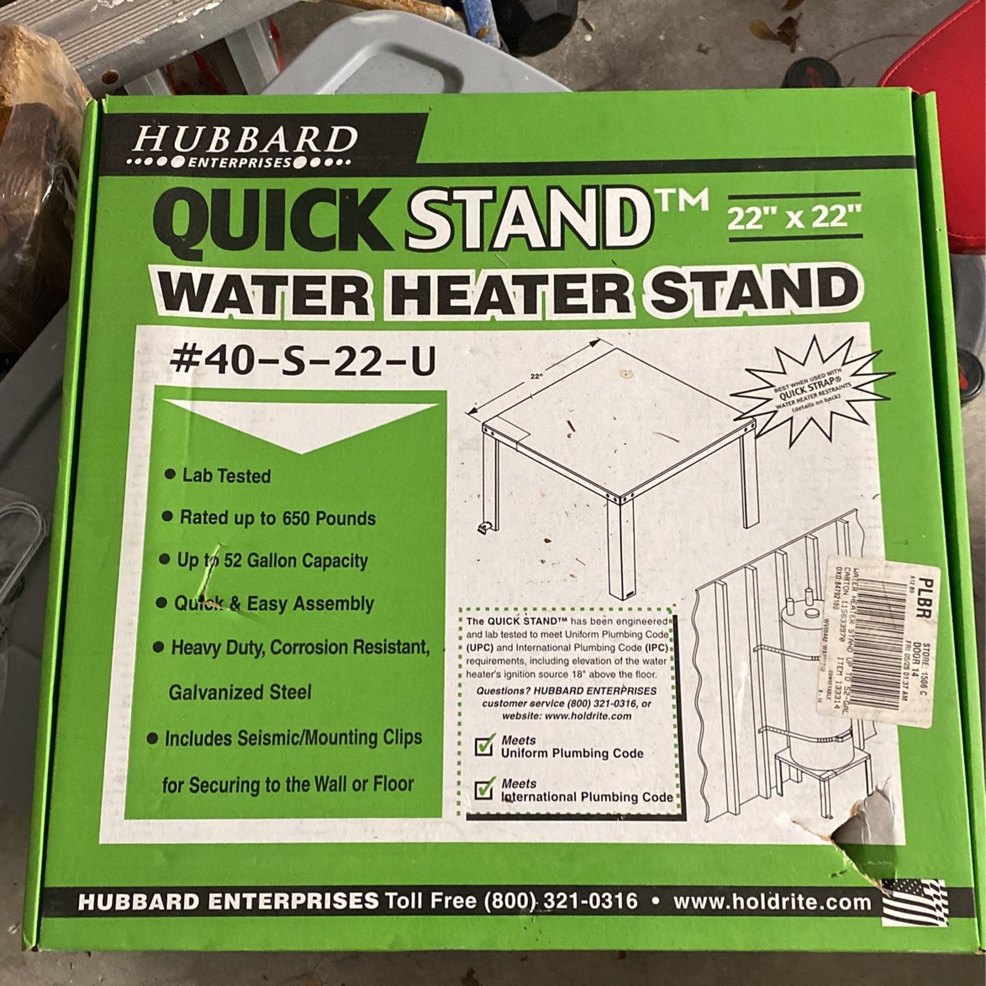 22x22 Water Heater Stand. Never Open 40$