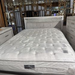 Queen Sized Complete Bedroom Set! Mattress/ Box/ VIRAL Headboard/ Bed frame/ Vanity Drawers/ Nightstand/ Standing Chest Drawer 