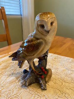 Vintage ceramic & resin base  owl statue on branch with red berries. 7 x 5 inch. Retro / MCM .