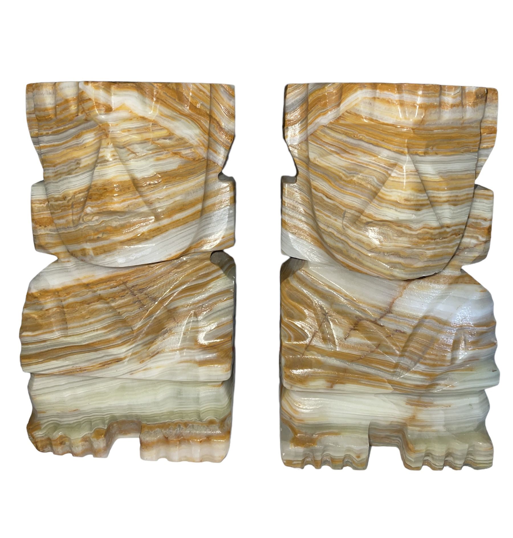 Vintage Pair of Carved Aztec Onyx Stone Bookends Hight 5” Length 3” Width 1 1/2” Pre-owned Great Condition