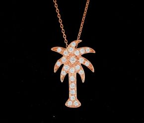 14K Pink Rose Gold Round Pave Diamond Beautiful Peaceful Coconut Tree Palm Tree Pendant Chain Necklace 18"