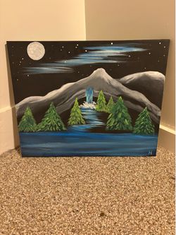 Hand-painted night landscape canvas art with moon and waterfall