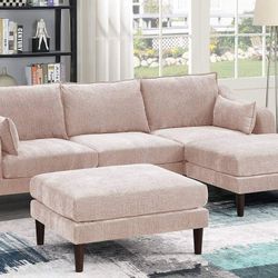 BLUSH MORGAN FABRIC 5 PIECE MODULAR SOFA SECTIONAL CHAISE OTTOMAN LIVING ROOM SET - JUEGO DE SALA