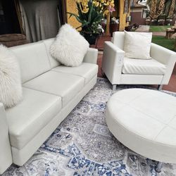 Beautiful Leather Furniture Totally Deep Clean Good Condition Couch And Chair With Electric Conection And Ottoman White Color 