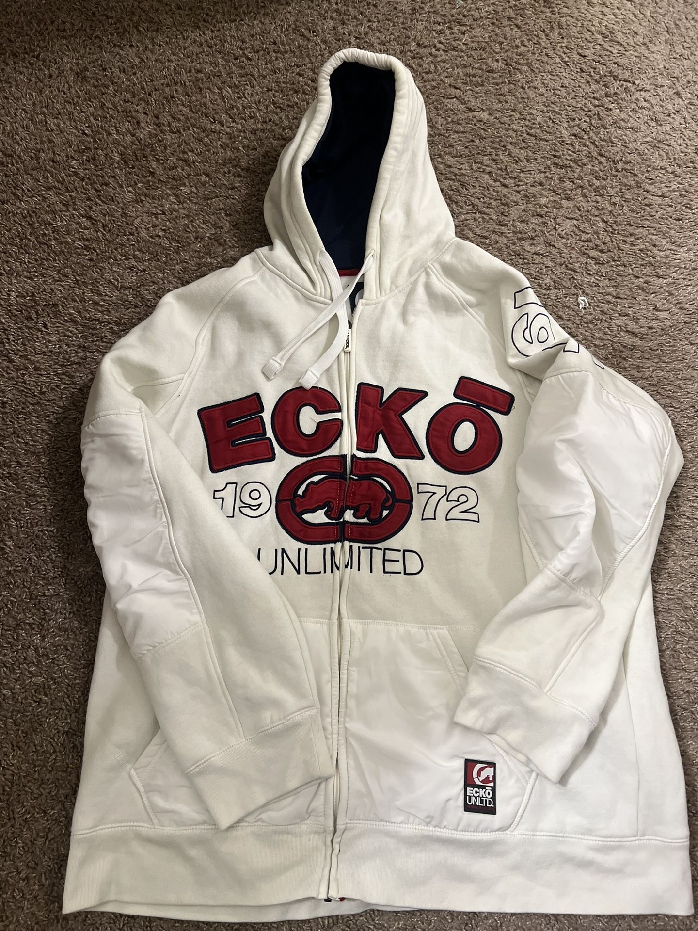 VTG ECKO Unltd Hoodie Sweatshirt Mens 3XL White Full Zip Jacket Y2K Embroidered
