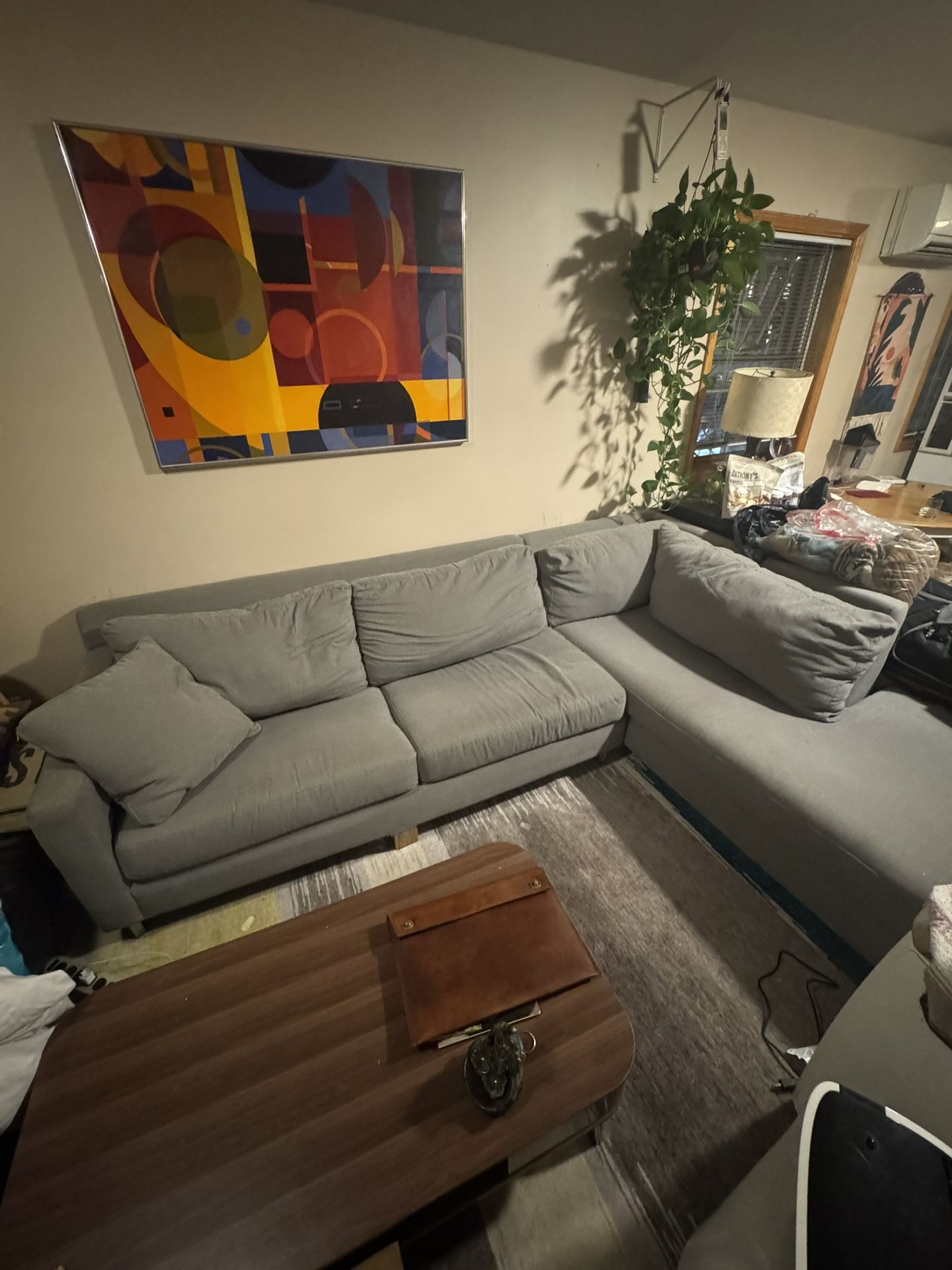 L Sectional Couch, Gray, Reupholstered