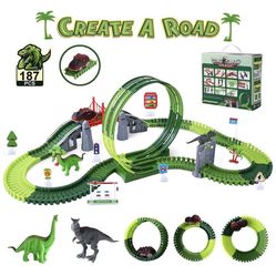 Dinosaur Toys Race Track for Boys Kuopry 187Pcs Create a Dinosaur World Road Race 360°Loop Flexible Track with 1 Toy Car & 2 Dinosaur Toys for Kids 3-