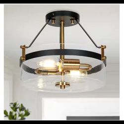 Uolfin Modern Farmhouse 12.5" Black Semi-Flush Mount Light with Seeded Glas
