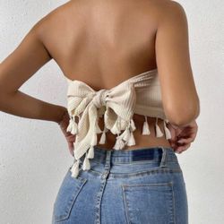 Tie Backless Tassel Trim Crop Tube Top, Medium