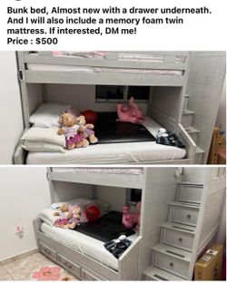 Gray Wood Bunk Bed with Storage Stairs and Drawer