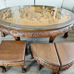 Oval  Vintage Chinese Carved  Coffee Table with Three Stools