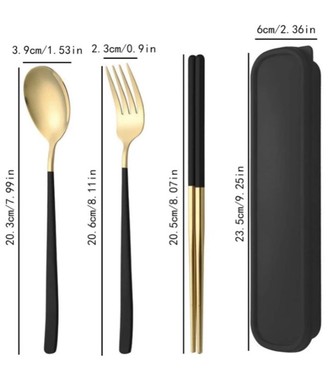 Brand New Metal Golden Chopsticks With Fork And Spoon 