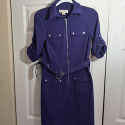 Michael Kors Womens Purple Roll Tab Sleeve Belted Pockets Shirt Dress Size S