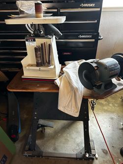 Jet oscillating spindle sander with stand, cover, and bench grinder