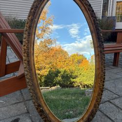 Antique Gold Oval Medicine Cabinet Mirror – Ornate Floral Frame, Mid-Century Metal Back