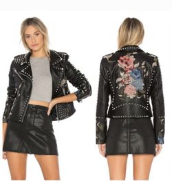 NEW WITH TAG Blank NYC Budding Romance Vegan Faux Leather Embroidered Rose Spiked Studded Moto Jacket Size XS