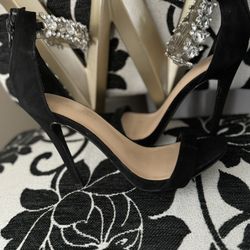 Black Open Toe Heels With Stone Embellishments 