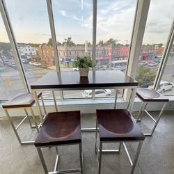 Midcentury Modern Minimalist Brown Solid Wood Bar Table Bar Stools