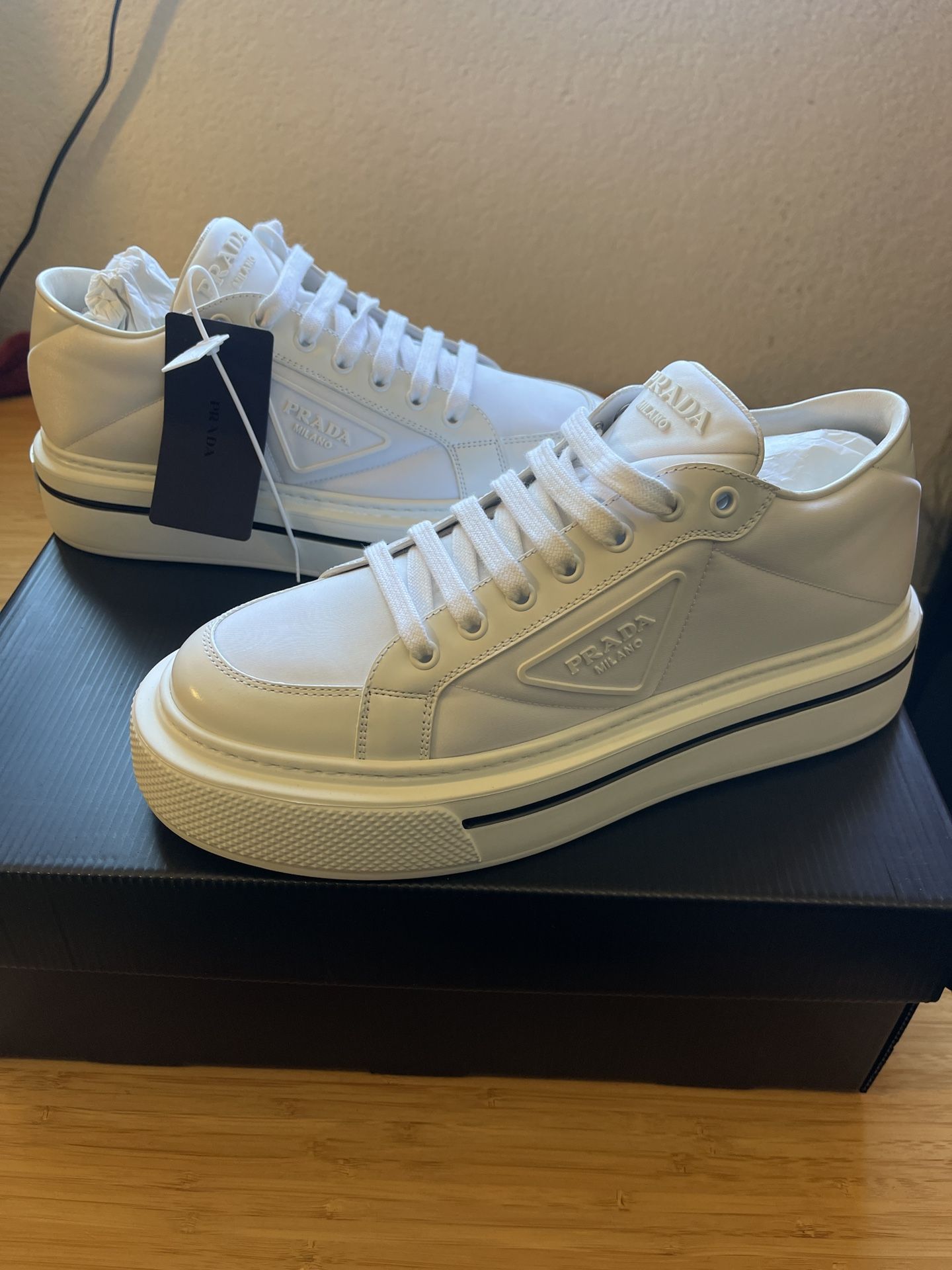 PRADA Macro Re Nylon And Brushed Leather Sneakers Sz