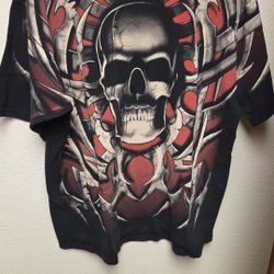 Vintage LIQUID BLUE Black TShirt XL TRIBAL METAL SKULL 1998 All Over Print 90s