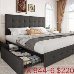 Upholstered King Size Platform Bed Frame with 4 Storage Drawers and Headboard, Square Stitched Button Tufted(944-6)