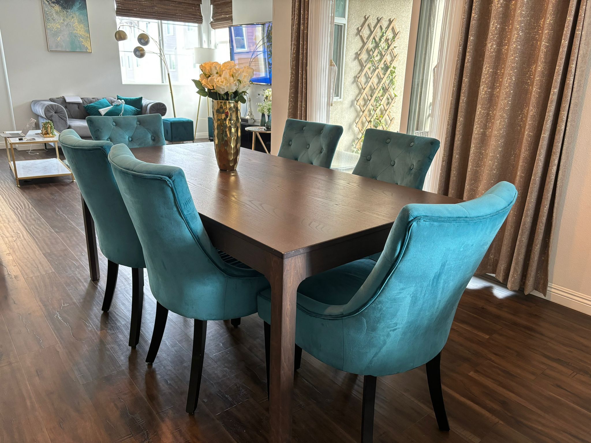 Wooden Dining Table With Teal Velvet 6 Chairs