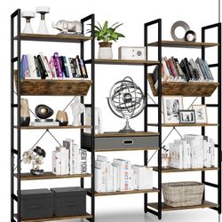 NUMENN Triple Wide 5 Tier Bookshelf, Adjustable Rustic Industrial Style Book Shelves, Modern Bookcases and Bookshelves Furniture for Bedroom, Living R